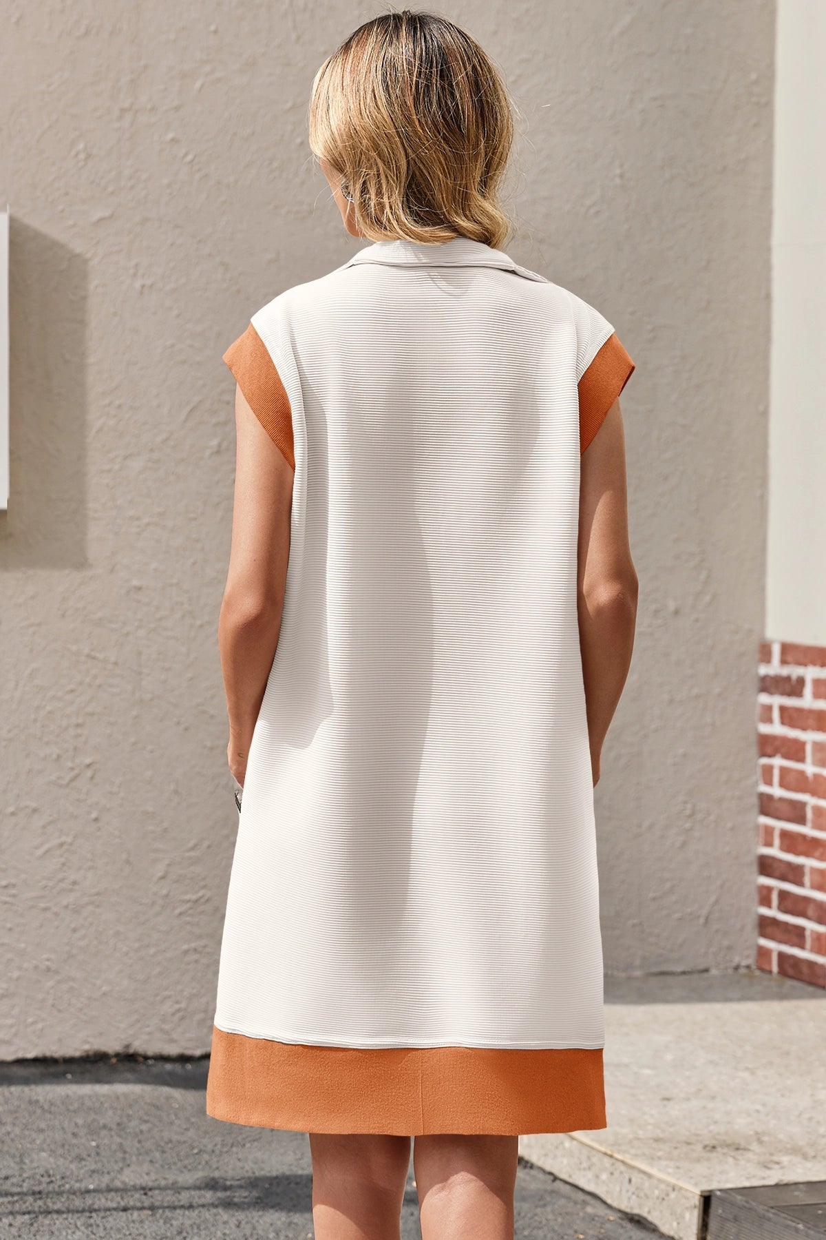 Womens Beige Half-Zip Contrast Casual Mini Dress Fisoew - Fisoew