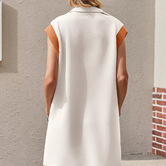 Womens Beige Half-Zip Contrast Casual Mini Dress Fisoew - Fisoew