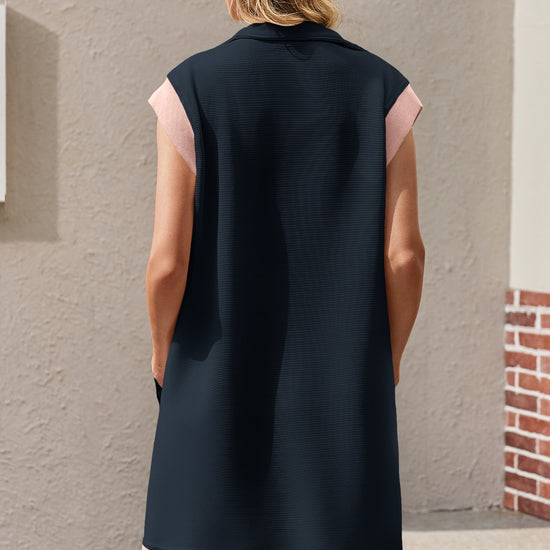 Womens Dark Blue Half-Zip Contrast Casual Mini Dress Fisoew - Fisoew