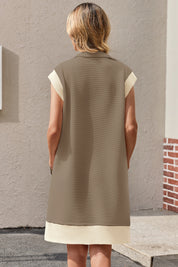 Womens Light Brown Half-Zip Contrast Casual Mini Dress Fisoew
