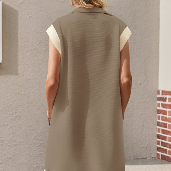 Womens Light Brown Half-Zip Contrast Casual Mini Dress Fisoew - Fisoew