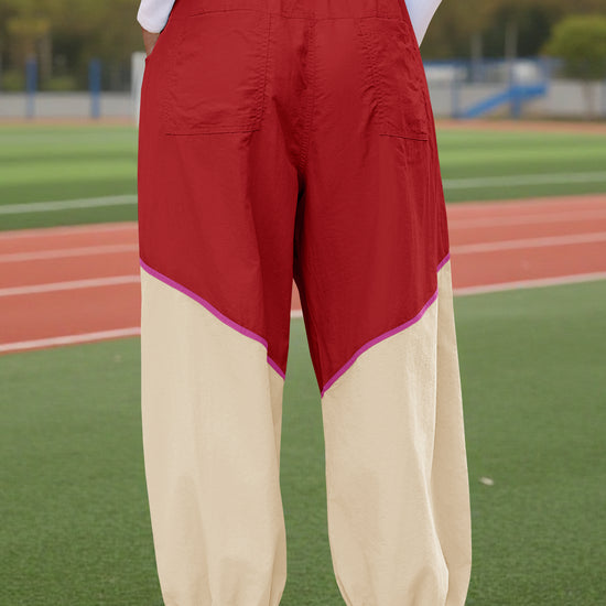 Womens Red Elastic Waist Color Block Pants Fisoew - Fisoew