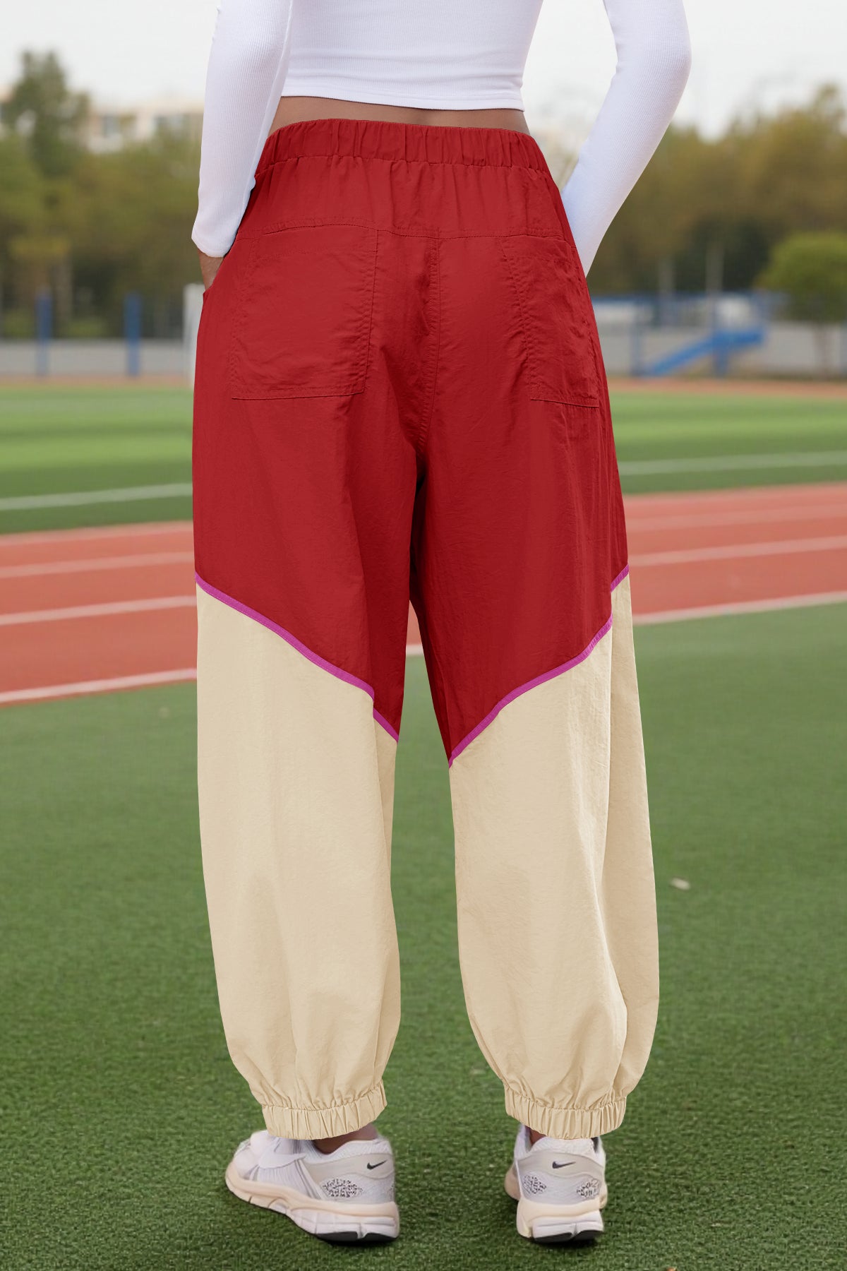 Womens Red Elastic Waist Color Block Pants Fisoew - Fisoew