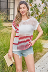 Fisoew Women's Red Striped Crochet Short Sleeve Sweater Vest Tops - Fisoew