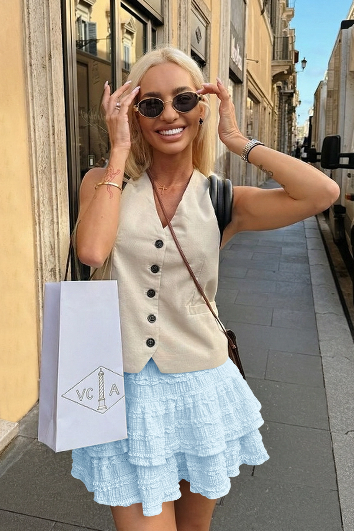 Fisoew Women's Sky Blue Ruffle Boho Mini Skirt