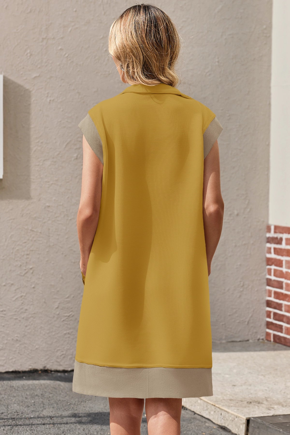 Womens Yellow Half-Zip Contrast Casual Mini Dress Fisoew - Fisoew