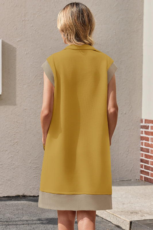Womens Yellow Half-Zip Contrast Casual Mini Dress Fisoew - Fisoew