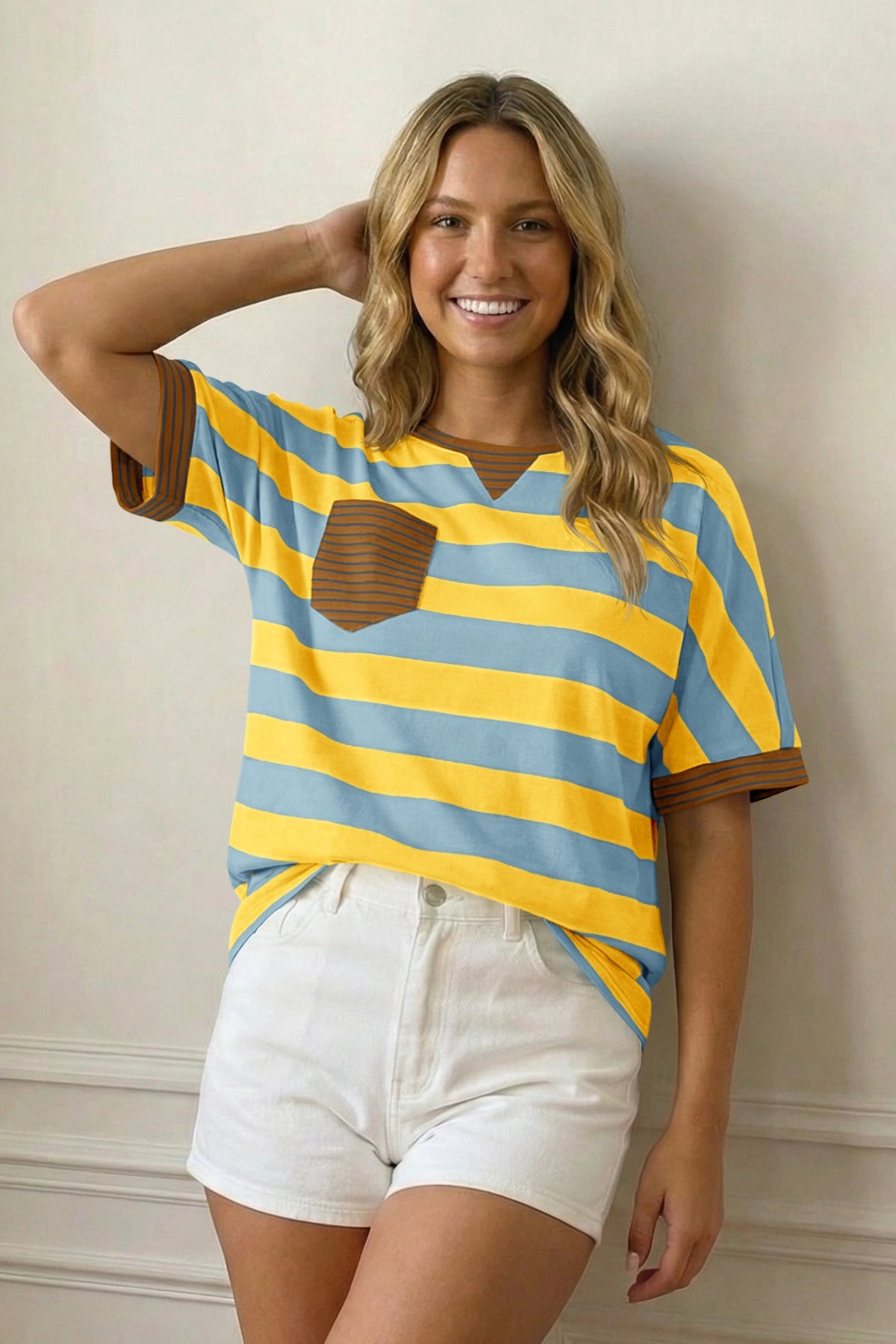 Fisoew Women's Yellow 2026 Summer Color Block Striped T-Shirts - Fisoew