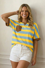 Fisoew Women's Yellow 2026 Summer Color Block Striped T-Shirts - Fisoew