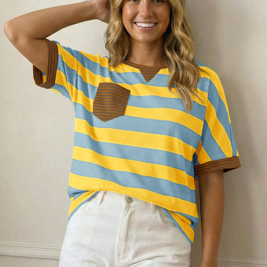 Fisoew Women's Yellow 2026 Summer Color Block Striped T-Shirts - Fisoew