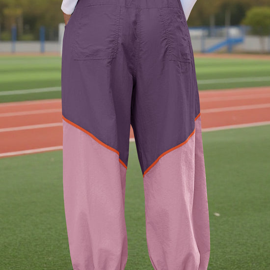 Womens Violet Elastic Waist Color Block Pants Fisoew - Fisoew