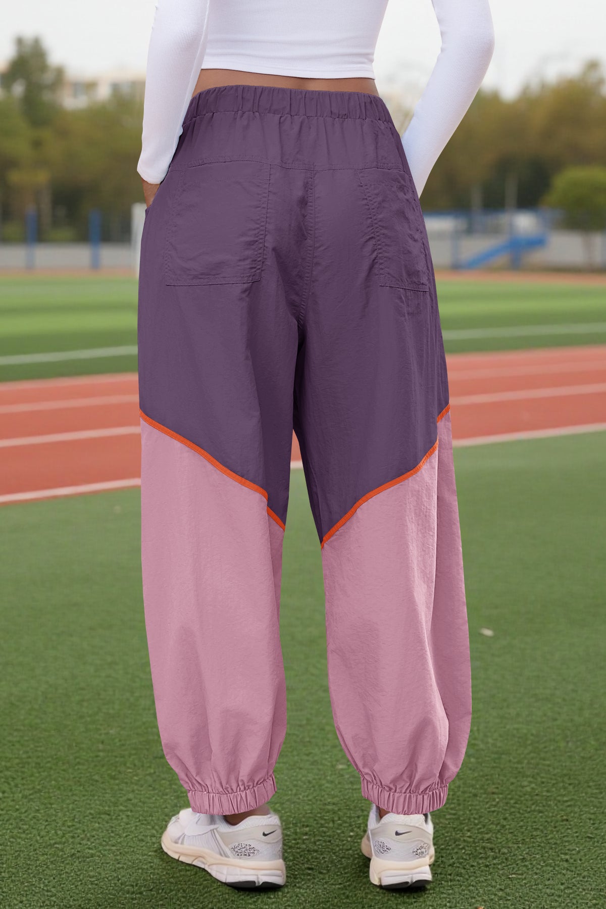 Womens Violet Elastic Waist Color Block Pants Fisoew - Fisoew