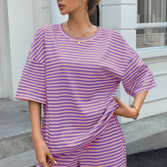 Womens Violet Striped Short Sets 2 Piece Fisoew - Fisoew