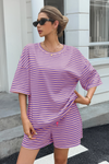 Womens Violet Striped Short Sets 2 Piece Fisoew - Fisoew