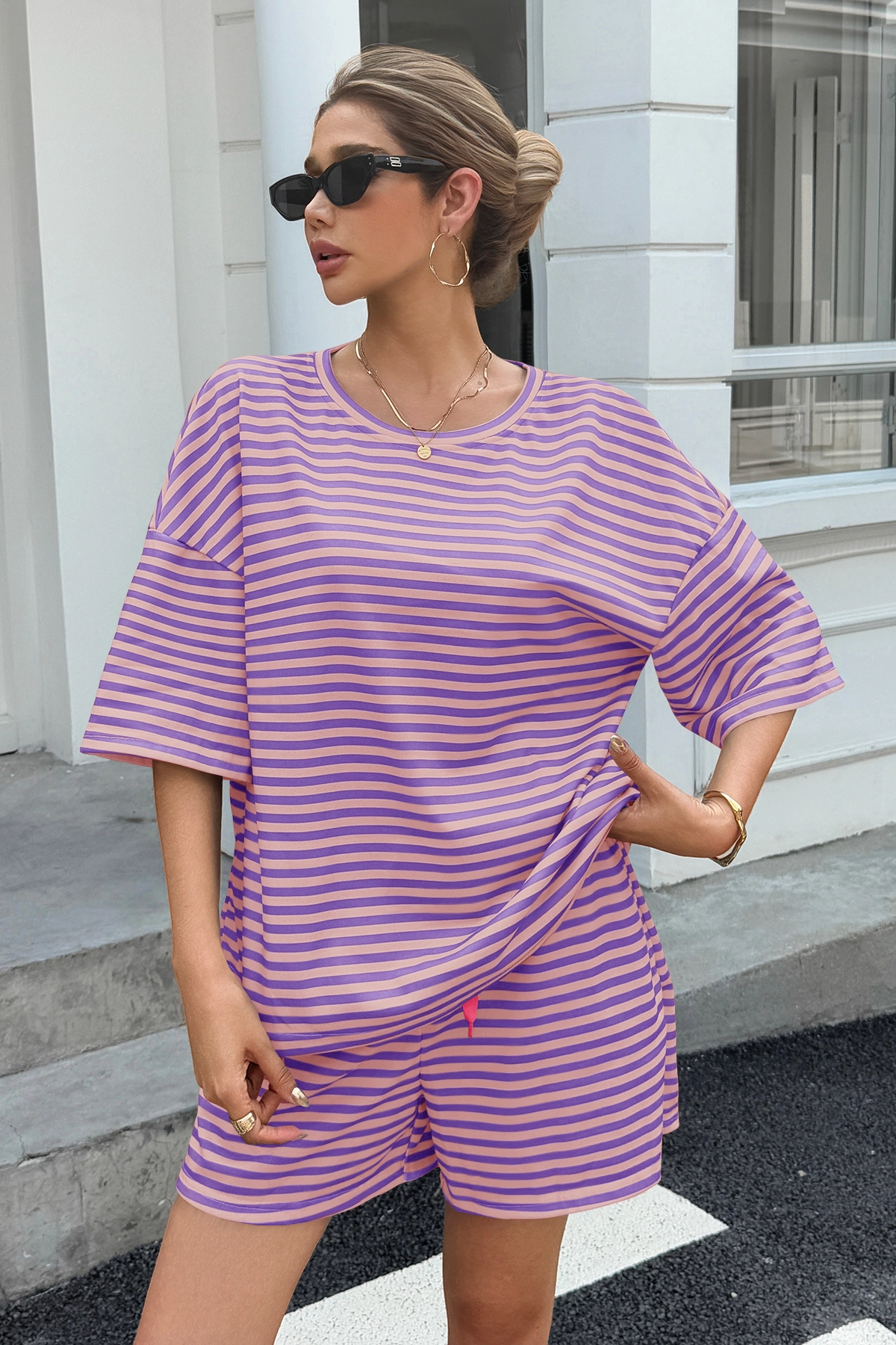 Womens Violet Striped Short Sets 2 Piece Fisoew - Fisoew
