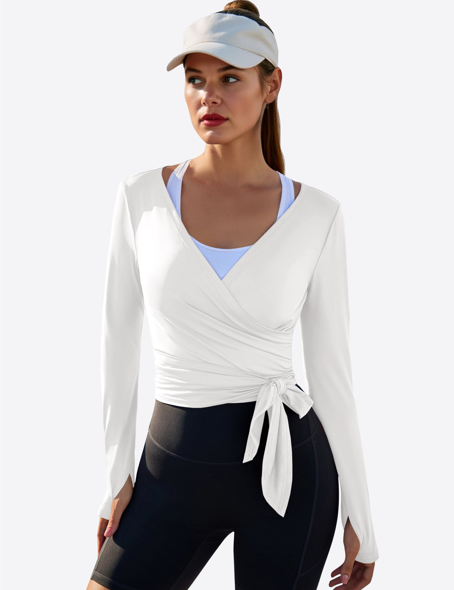 Fisoew Women‘s White Wrap Tie Tops Long Sleeve Workout Shirts - Fisoew