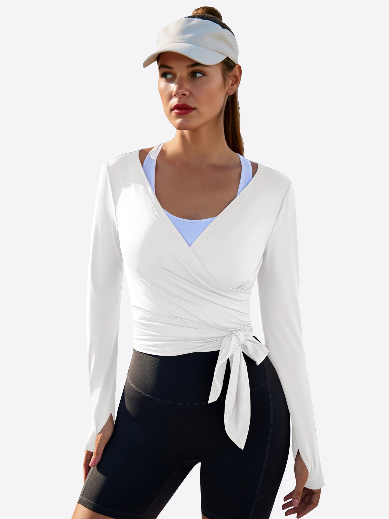 Fisoew Women‘s White Wrap Tie Tops Long Sleeve Workout Shirts - Fisoew