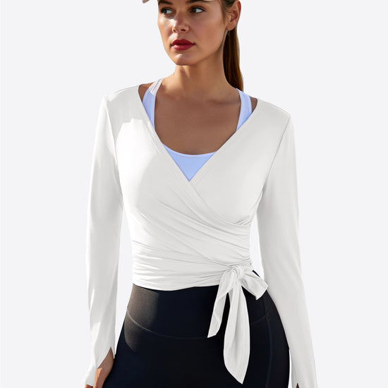 Fisoew Women‘s White Wrap Tie Tops Long Sleeve Workout Shirts - Fisoew