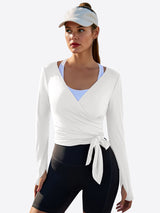 Fisoew Women‘s White Wrap Tie Tops Long Sleeve Workout Shirts