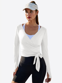Fisoew Women¡®s White Wrap Tie Tops Long Sleeve Workout Shirts - Fisoew