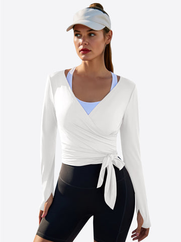 Fisoew Women‘s White Wrap Tie Tops Long Sleeve Workout Shirts - Fisoew