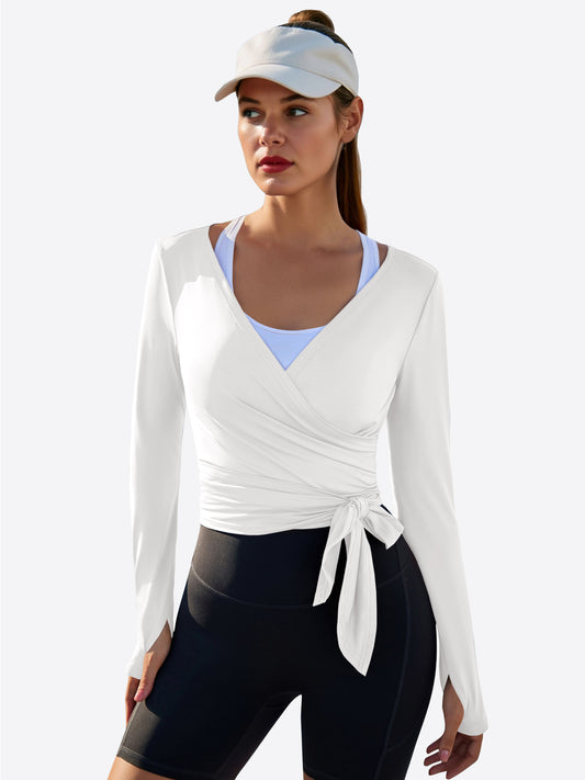 Fisoew Women‘s White Wrap Tie Tops Long Sleeve Workout Shirts - Fisoew