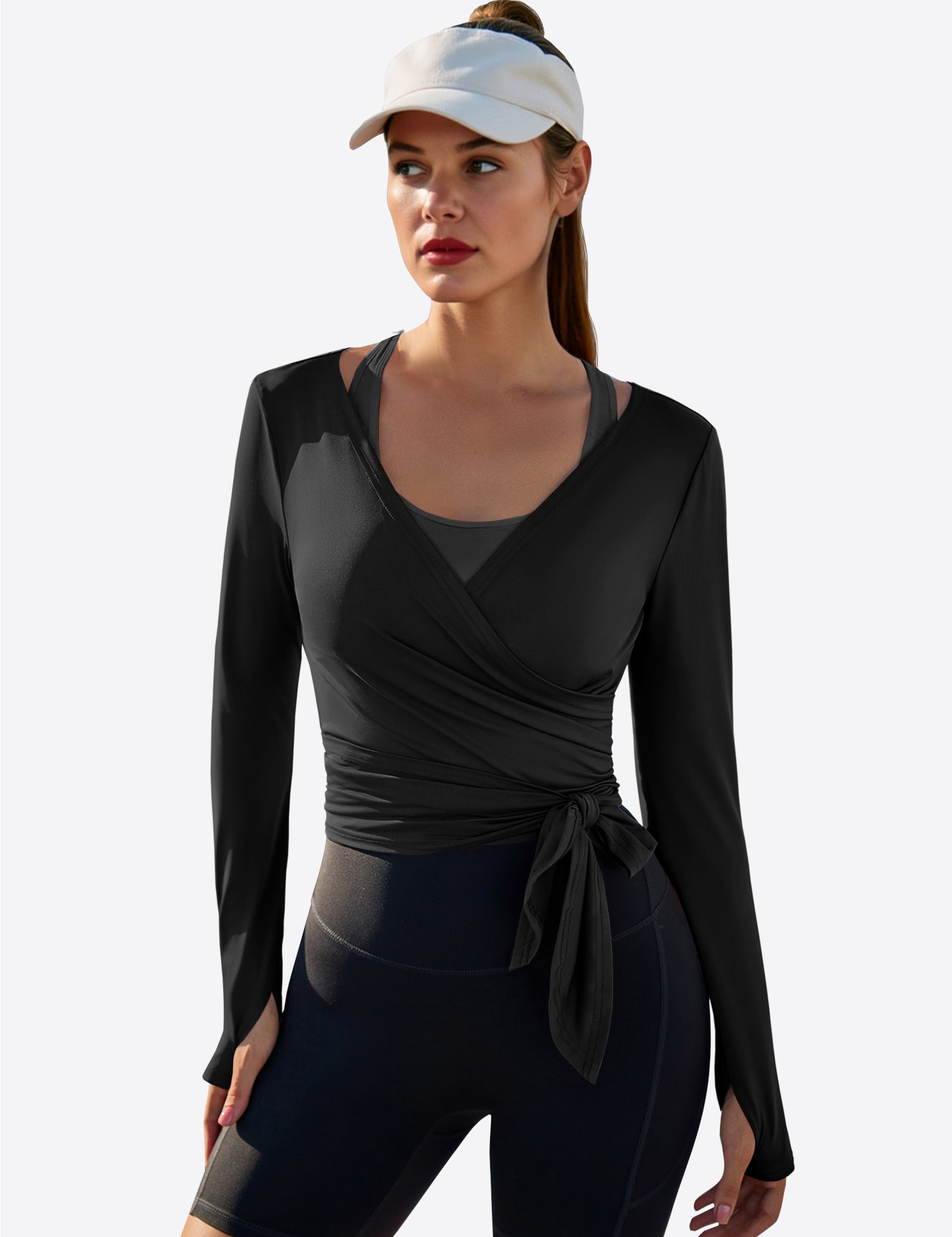 Fisoew Women‘s Black Wrap Tie Tops Long Sleeve Workout Shirts - Fisoew
