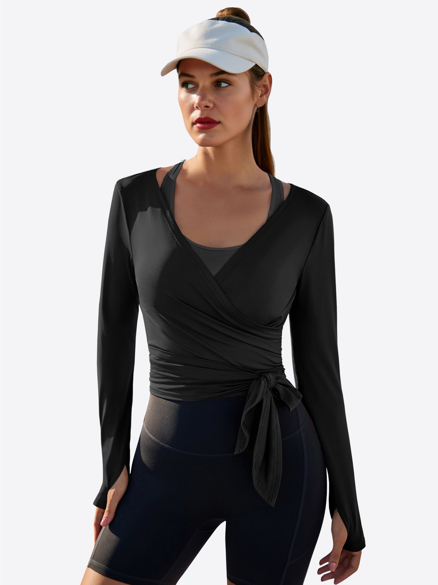Fisoew Women‘s Black Wrap Tie Tops Long Sleeve Workout Shirts - Fisoew
