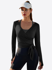 Fisoew Women‘s Black Wrap Tie Tops Long Sleeve Workout Shirts - Fisoew