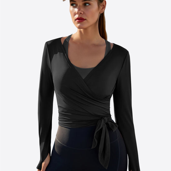 Fisoew Women‘s Black Wrap Tie Tops Long Sleeve Workout Shirts - Fisoew