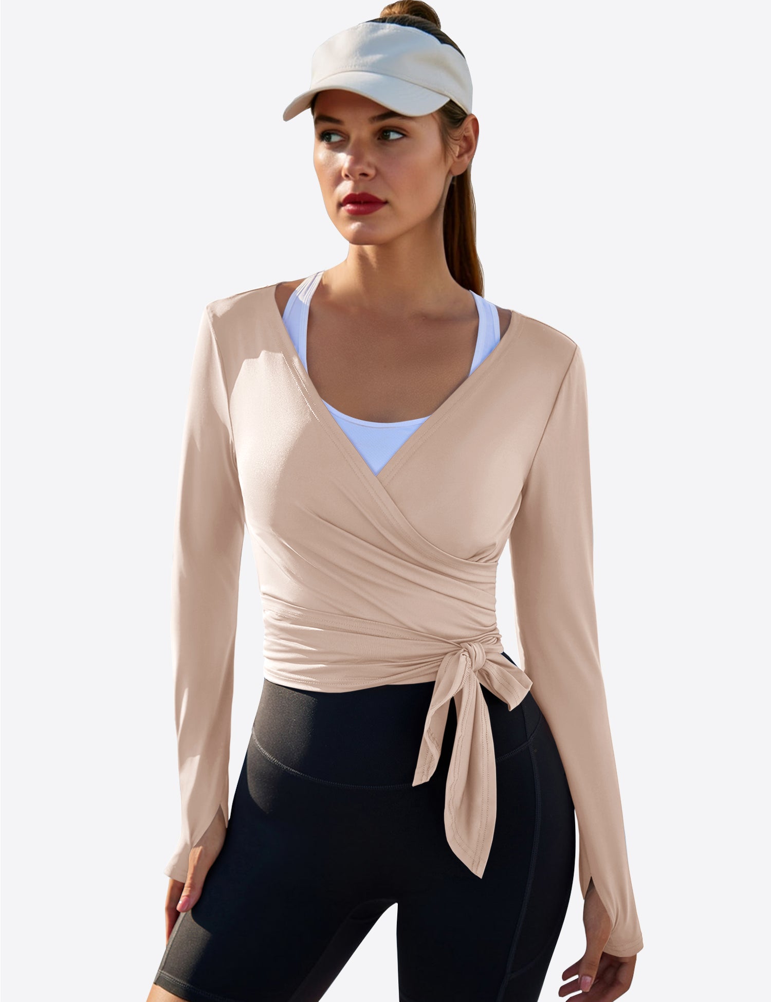 Fisoew Women‘s Light Khaki Wrap Tie Tops Long Sleeve Workout Shirts - Fisoew