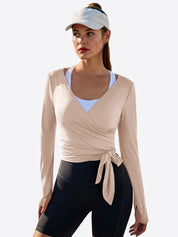 Fisoew Women‘s Light Khaki Wrap Tie Tops Long Sleeve Workout Shirts - Fisoew