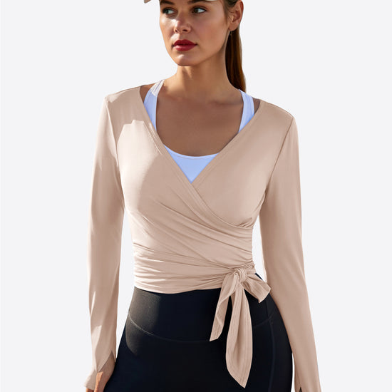 Fisoew Women‘s Light Khaki Wrap Tie Tops Long Sleeve Workout Shirts - Fisoew