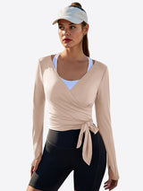 Fisoew Women‘s Light Khaki Wrap Tie Tops Long Sleeve Workout Shirts