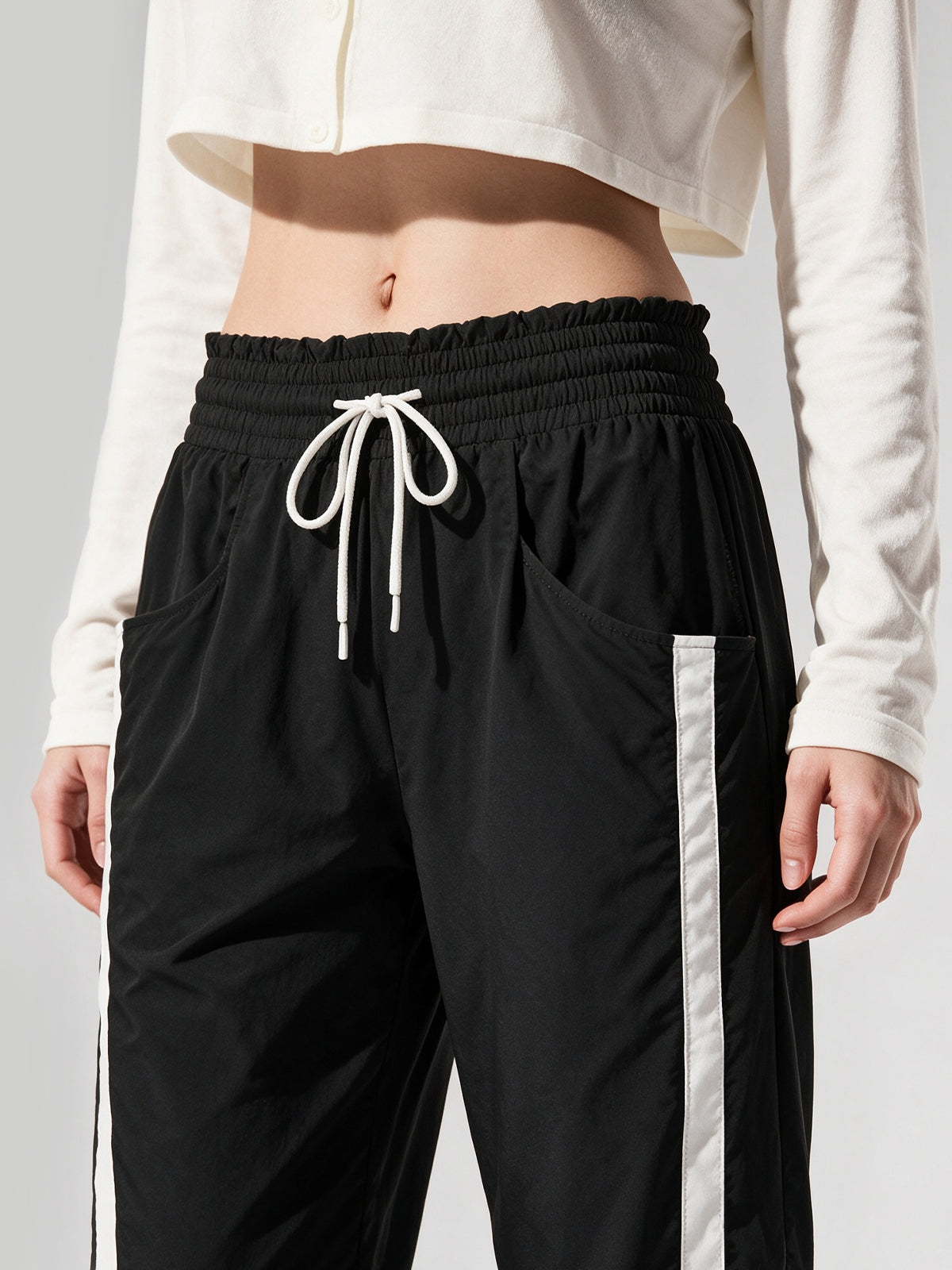 Drawstring Elastic Contrast Color Pants - Fisoew