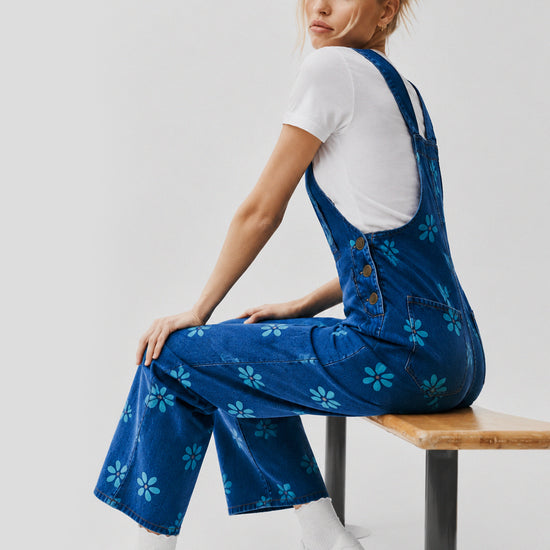 Flower Print Wide Leg Denim Jumpsuit - Fisoew