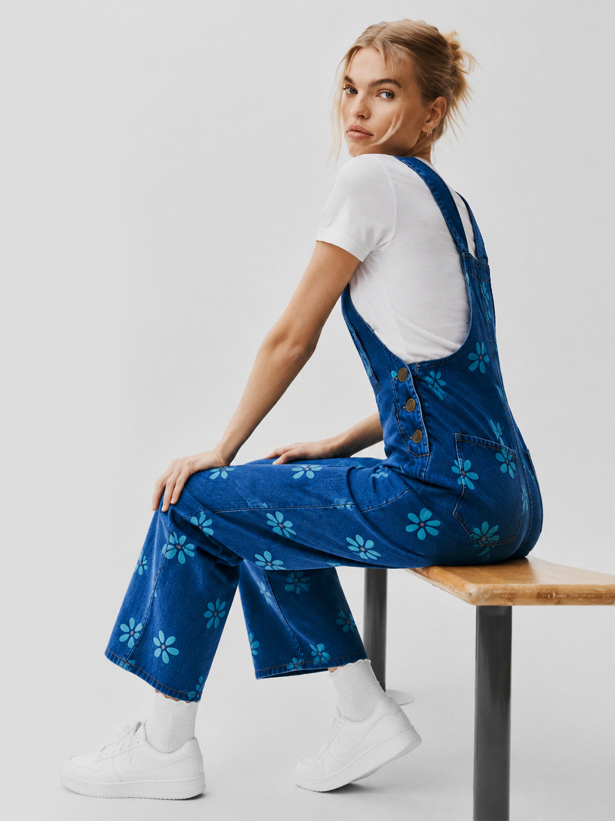 Flower Print Wide Leg Denim Jumpsuit - Fisoew