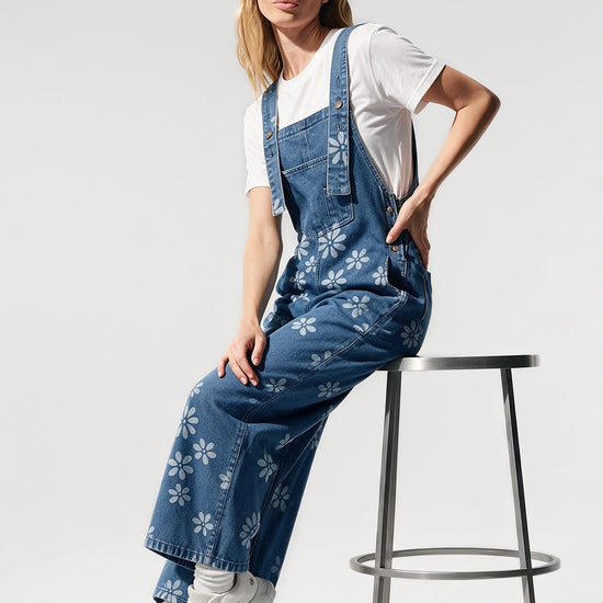 Flower Print Wide Leg Denim Jumpsuit - Fisoew