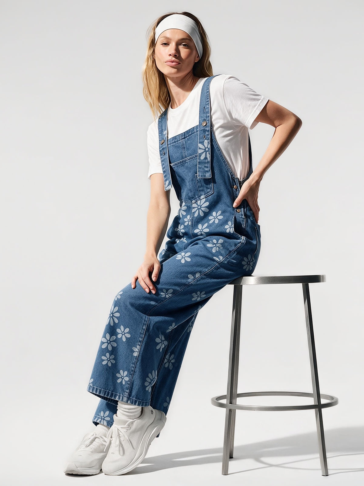 Flower Print Wide Leg Denim Jumpsuit - Fisoew