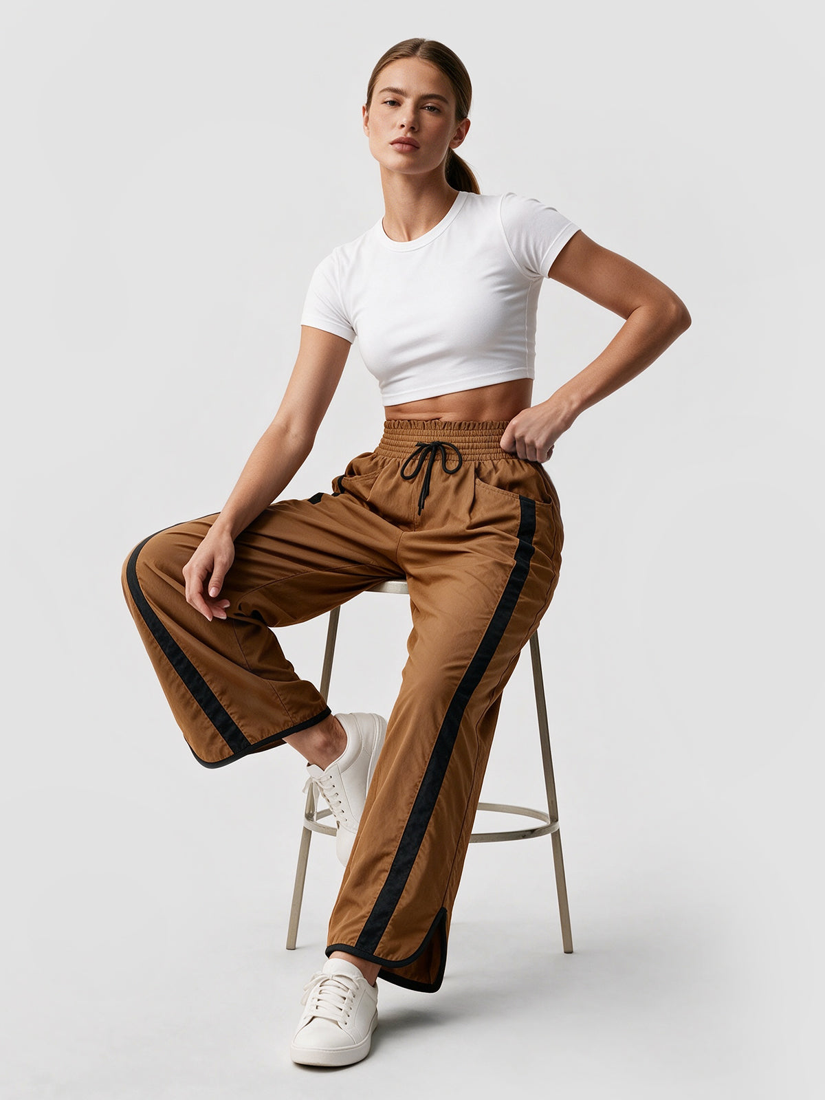 Drawstring Elastic Contrast Color Pants - Fisoew