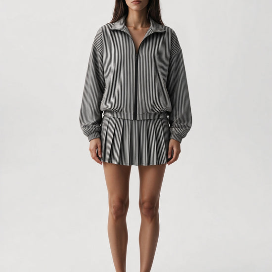 Stripe Zipper Jacket With Pleated Skirt Sets - Fisoew