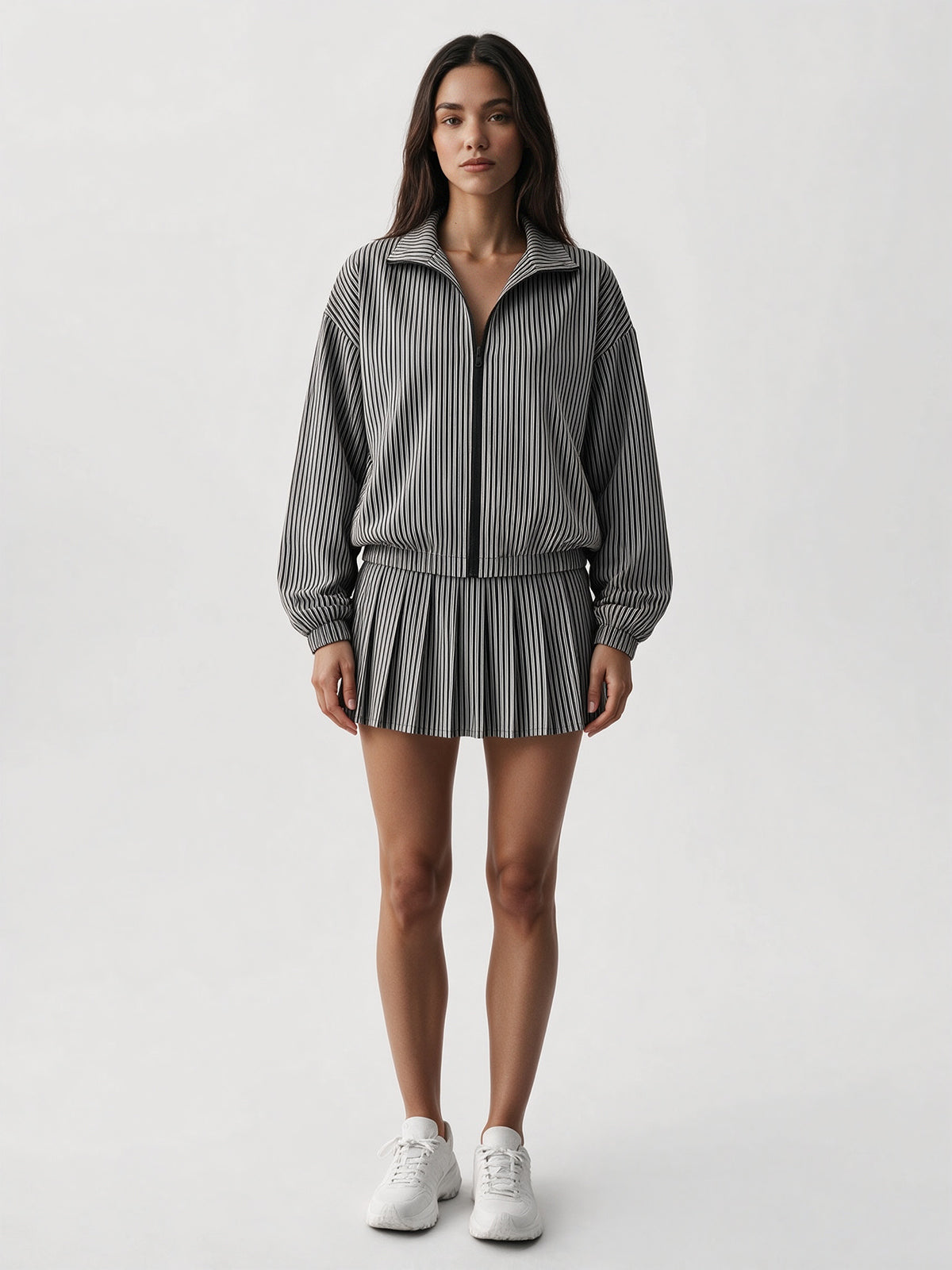 Stripe Zipper Jacket With Pleated Skirt Sets - Fisoew