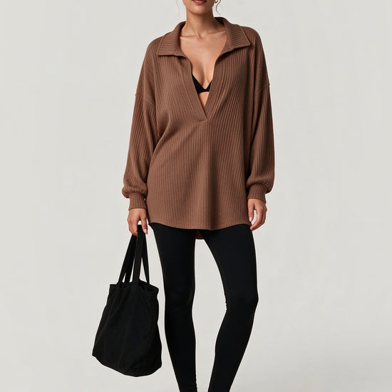 Oversized Collared Ribbed Knit Shirts - Fisoew