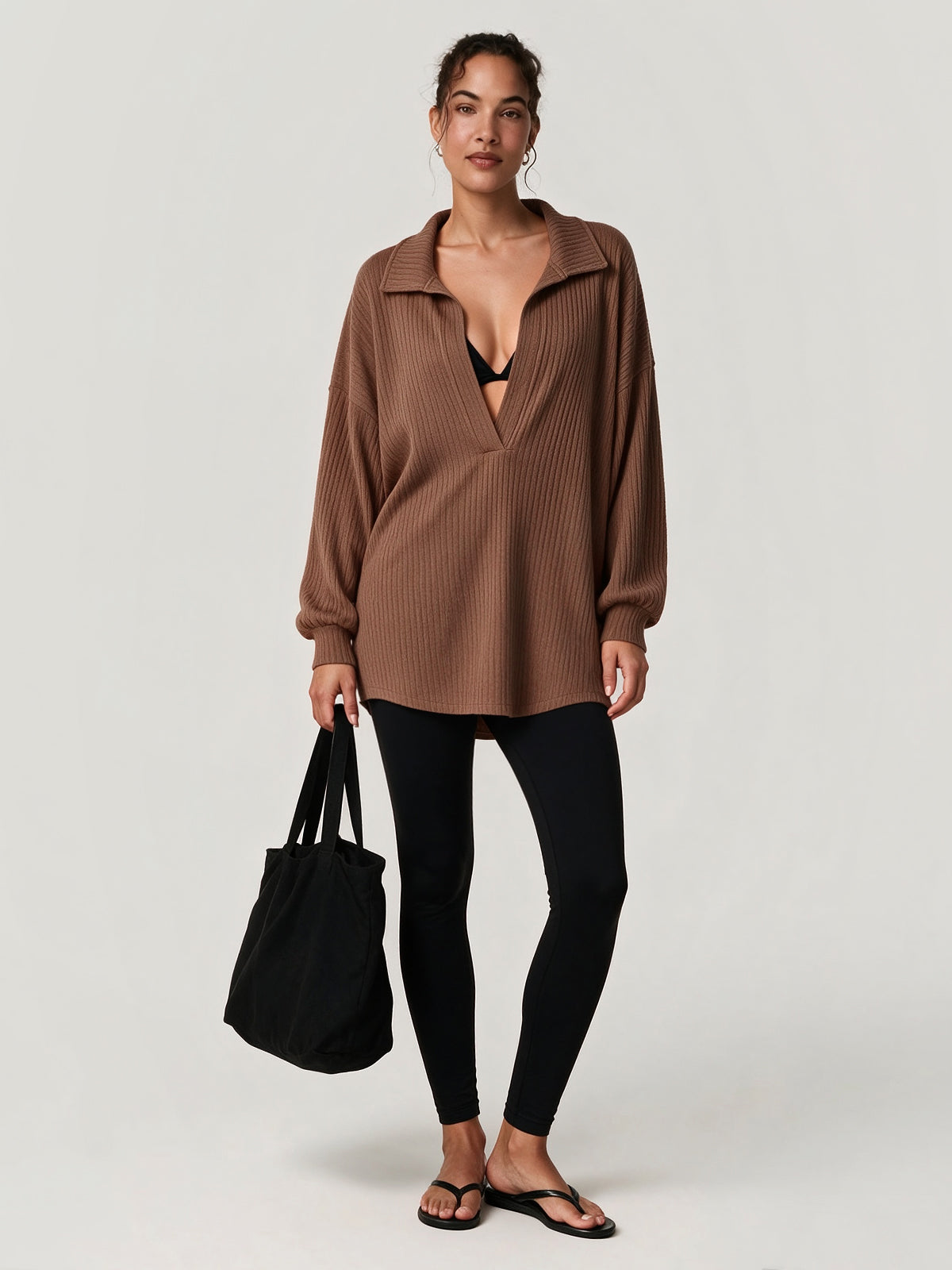 Oversized Collared Ribbed Knit Shirts - Fisoew