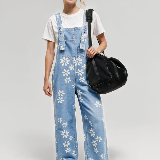Flower Print Wide Leg Denim Jumpsuit - Fisoew