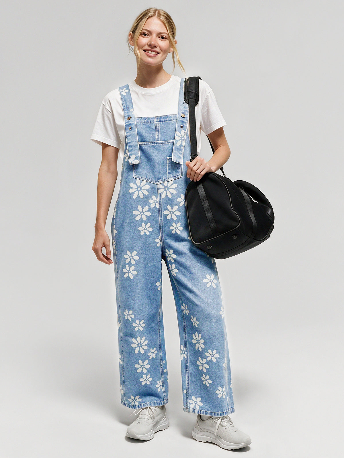 Flower Print Wide Leg Denim Jumpsuit - Fisoew