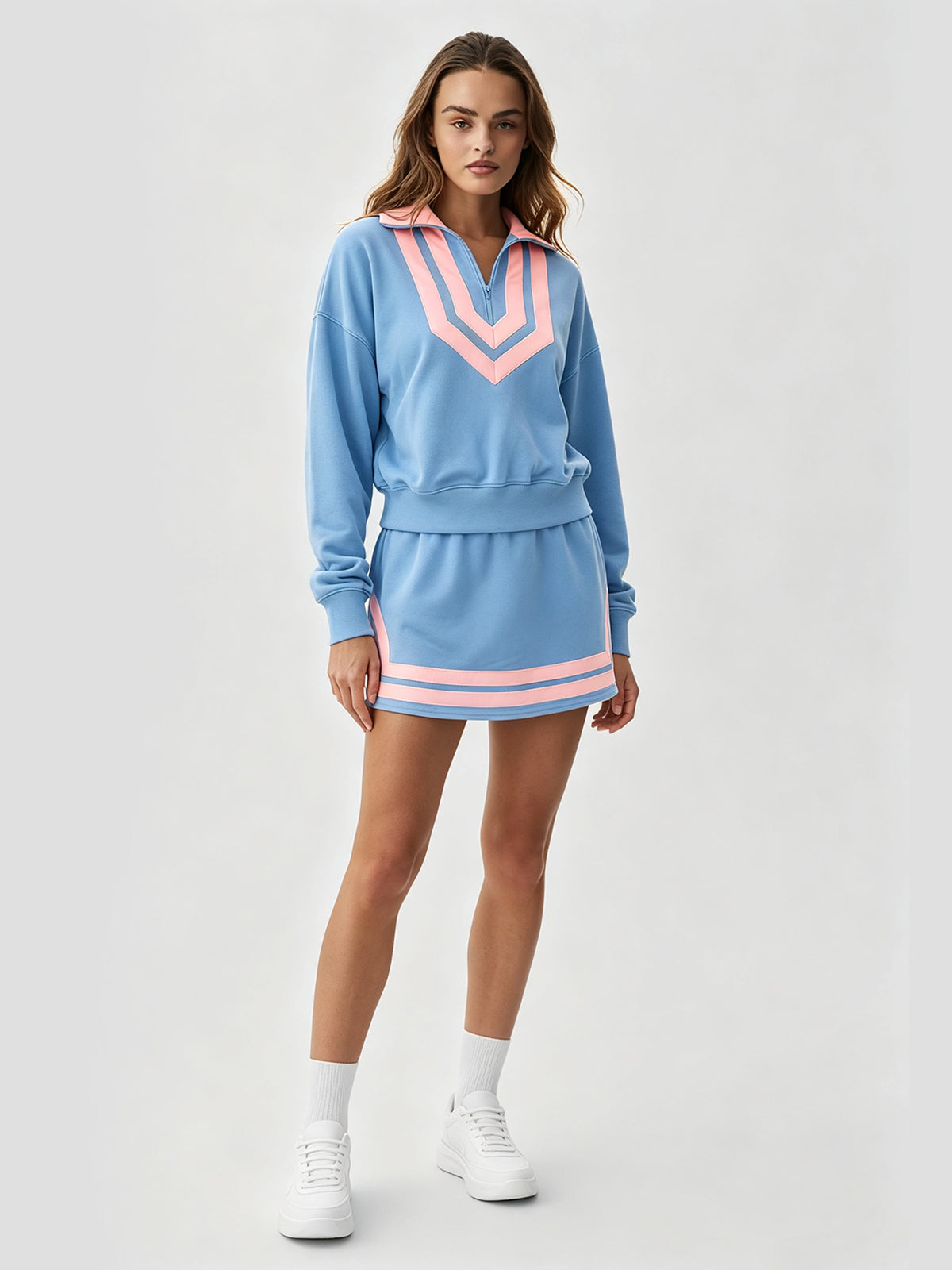 Half Zip Sweatshirt With Skirt Sets - Fisoew