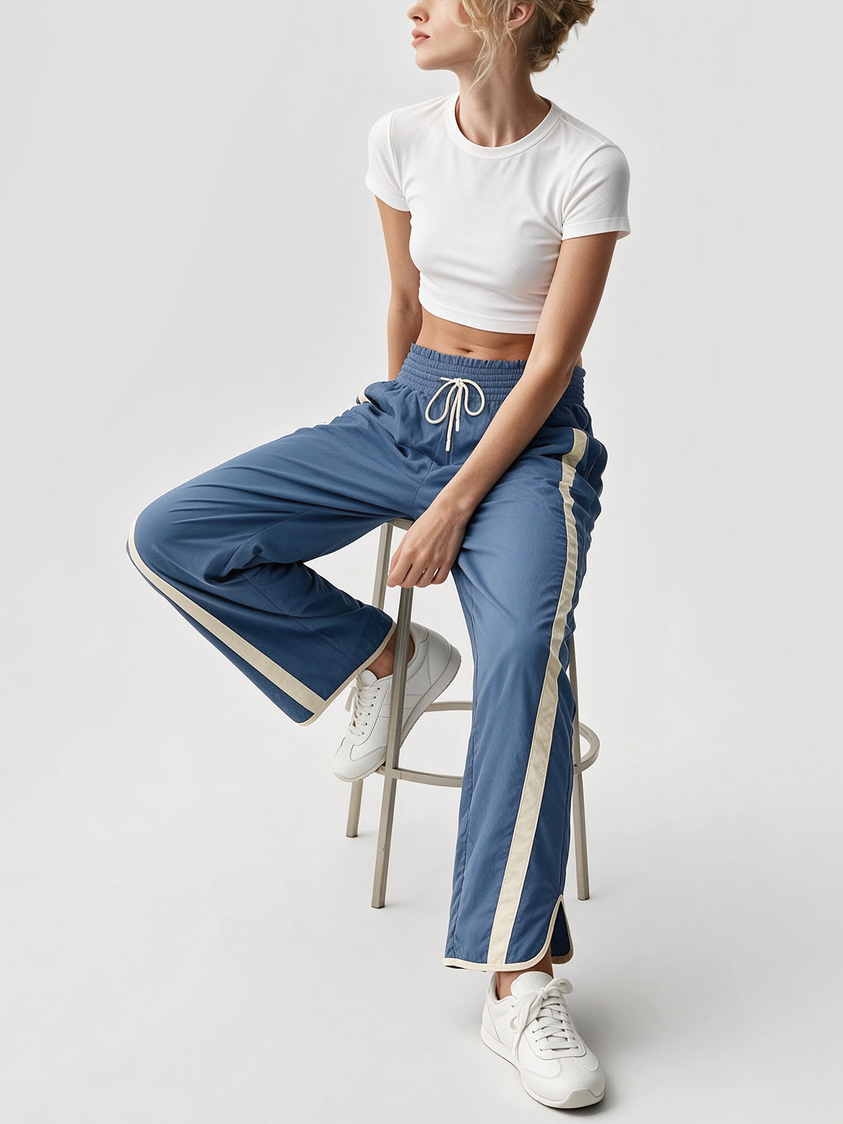 Drawstring Elastic Contrast Color Pants - Fisoew