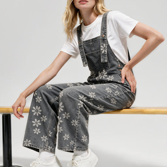 Flower Print Wide Leg Denim Jumpsuit - Fisoew