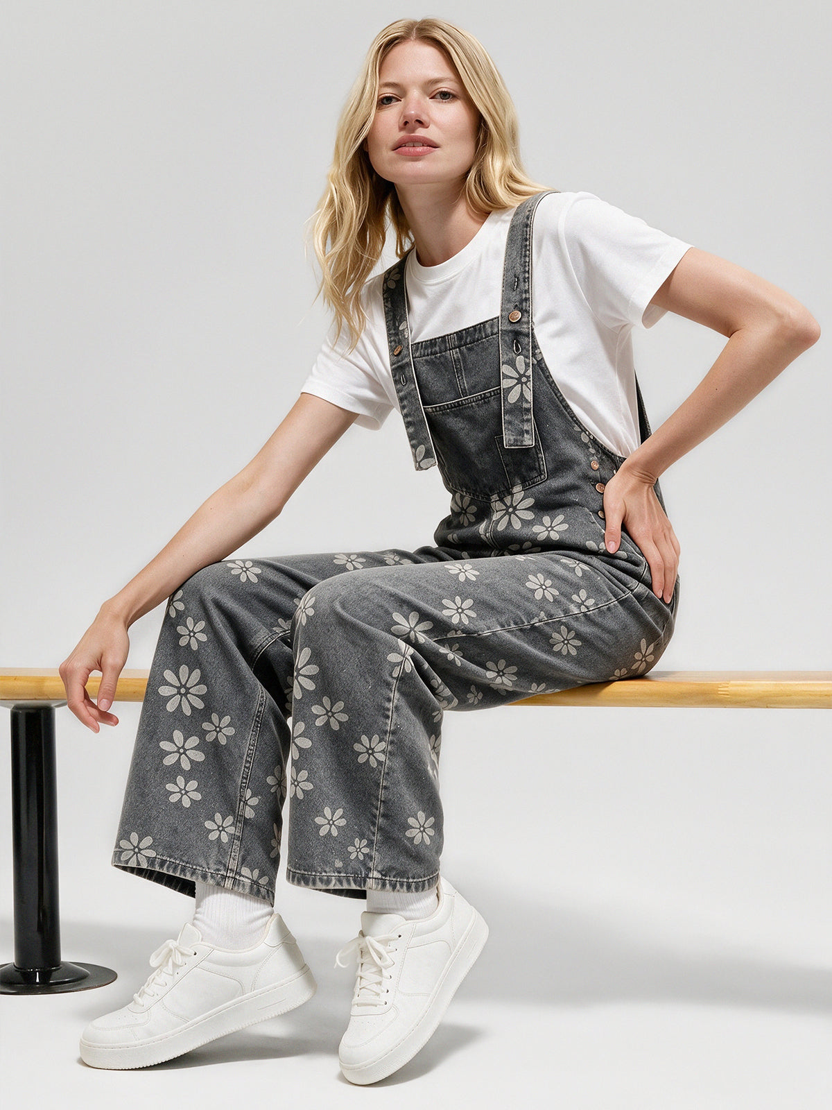 Flower Print Wide Leg Denim Jumpsuit - Fisoew